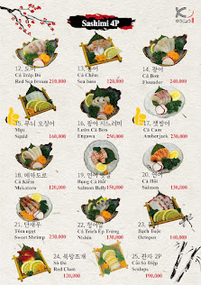A menu displaying various sushi dishes and their prices in Vietnamese Dong.