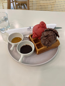 Waffle with Chocolate Sauce and Ice Cream