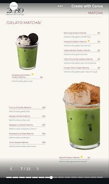 A menu page displaying various dessert options including a 'Cielato Matcha' and its ingredients list.