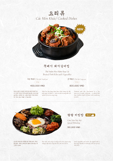 A digital menu showcasing various Korean dishes such as Galbi Jjim and Kimchi Fried Rice.
