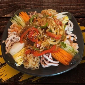 VIP#6 Seafood and Vegetable Stir-Fried with Special Yellow Mustard Sauce at 99jjamppong