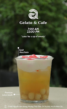A promotional image for Gelato & Cafe featuring a layered dessert cup labeled 'Souffle Macchiato' with Lotus Tea, presented on a blurred green backgro