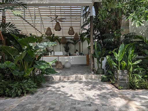 The image depicts an interior space of a venue in Thao Dien, Saigon with lush greenery and modern decor elements such as hanging rattan lamps and larg