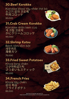 A menu displaying various food items and their prices in Vietnamese Dong.
