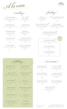 The image displays a multi-page menu from Thao Dien, Saigon featuring various dining options such as à la carte dishes and set meals.