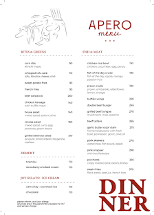 A menu from a venue in Thao Dien, Saigon named 'Apero'. It is divided into sections for appetizers & greens and fish & meat dishes with corresponding 