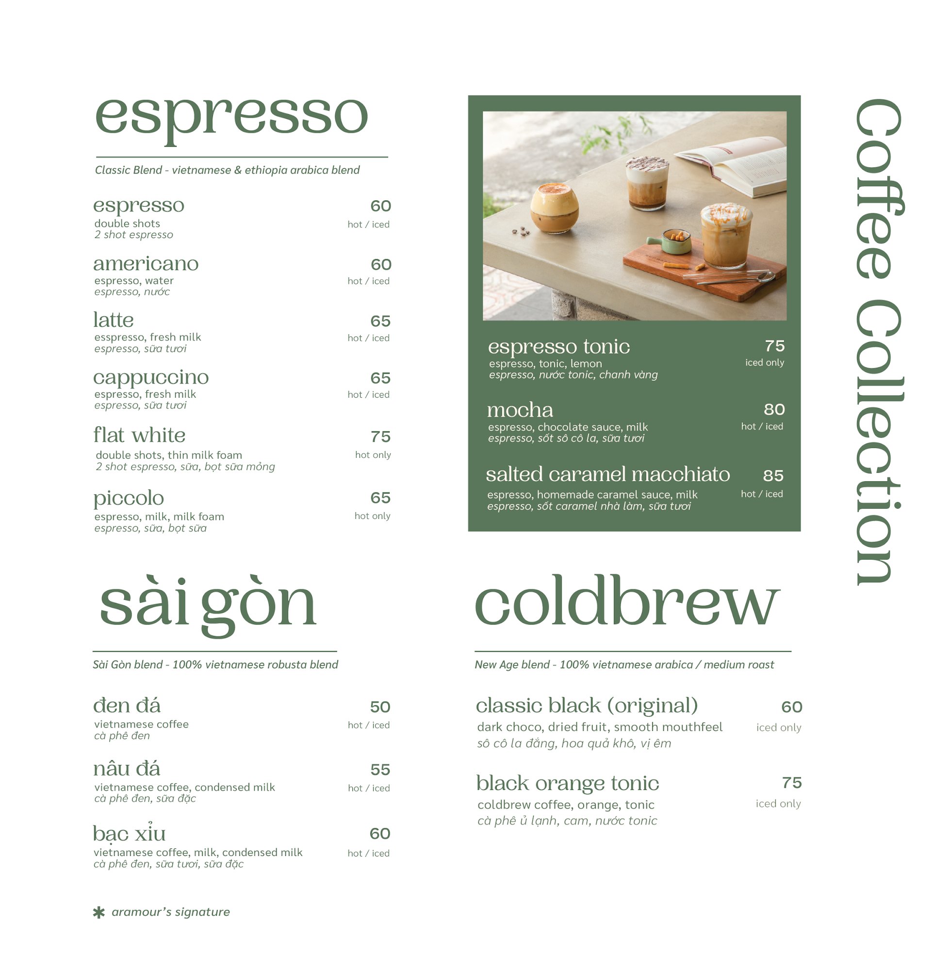 A menu from a coffee shop in Thao Dien, Saigon showcasing various espresso-based drinks and their descriptions along with prices.