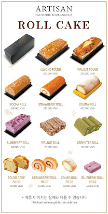 A menu displaying various types of roll cakes from a bakery named 'Artisan Patisserie Boulangerie'. The items are organized into rows with different f