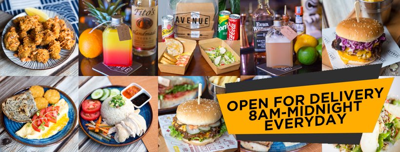 A collage of various food items and drinks from a restaurant or cafe that is open for delivery every day.