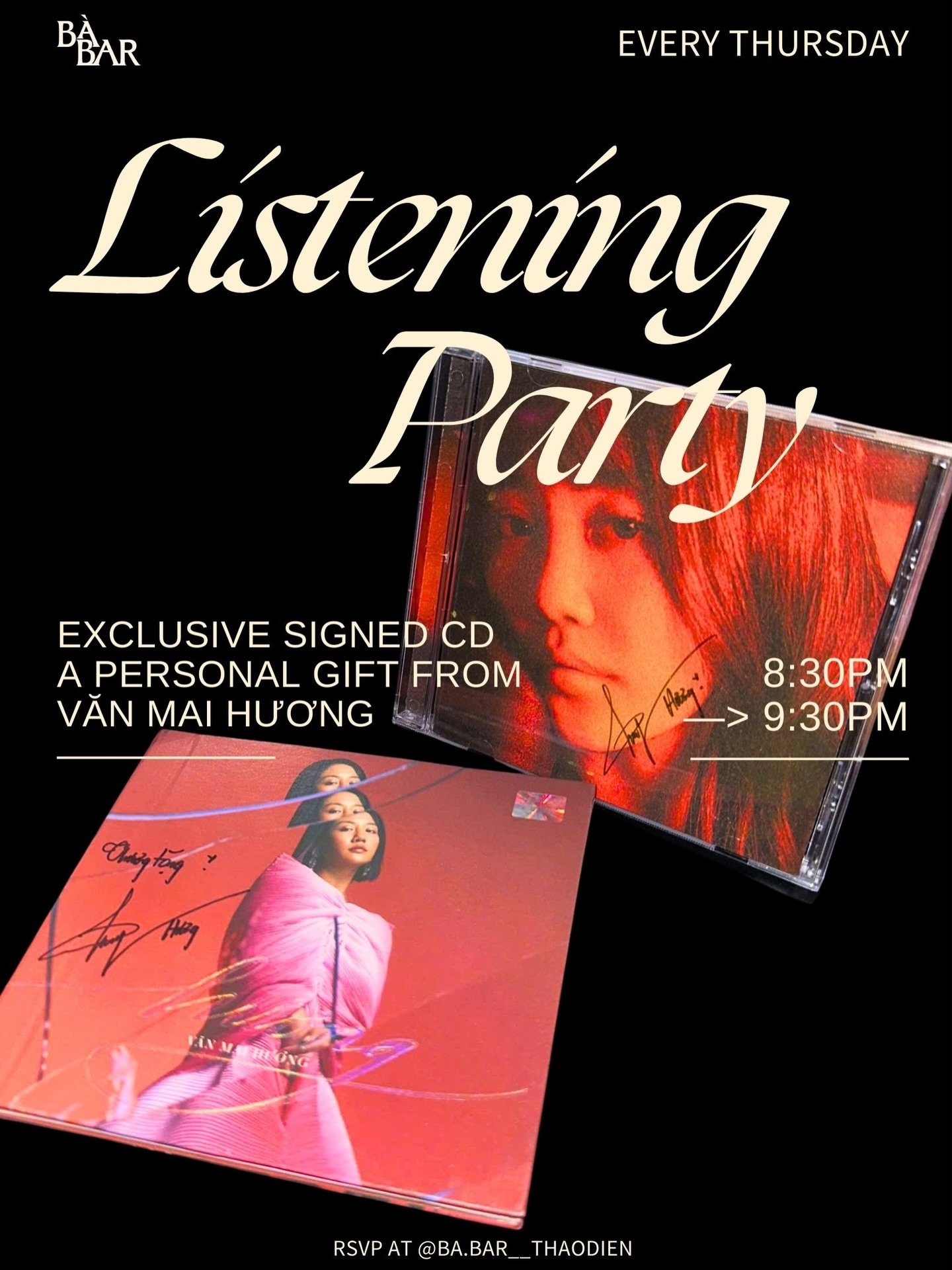 This image is an event flyer for a 'Listening Party' at Bar Ba in Thao Dien on Thursdays from 8:30 PM to 9:30 PM, featuring exclusive signed CDs as gi
