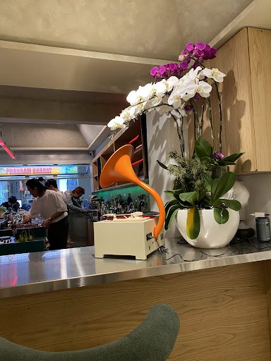 The image shows an interior view of a modern bar or restaurant counter area featuring decorative plants and equipment.