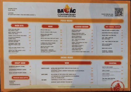 A printed menu for 'BAO AC Contemporary Vietnamese Grill & Bar' located in Thao Dien, Saigon. The menu is divided into sections: 'FOOD MENU' (with sub