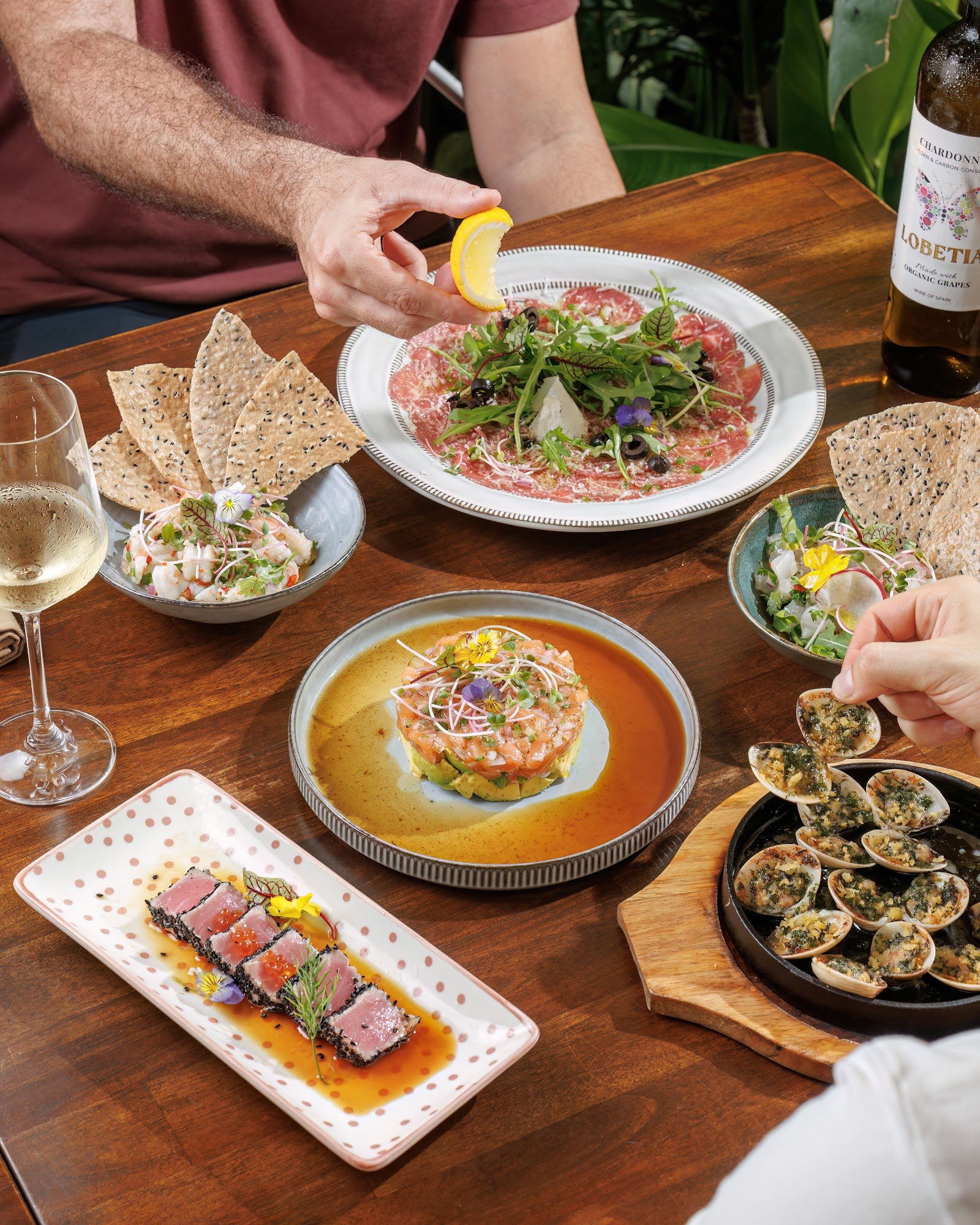 A variety of dishes including ceviche, salmon tartare salad, clams in sauce, shrimp cocktail