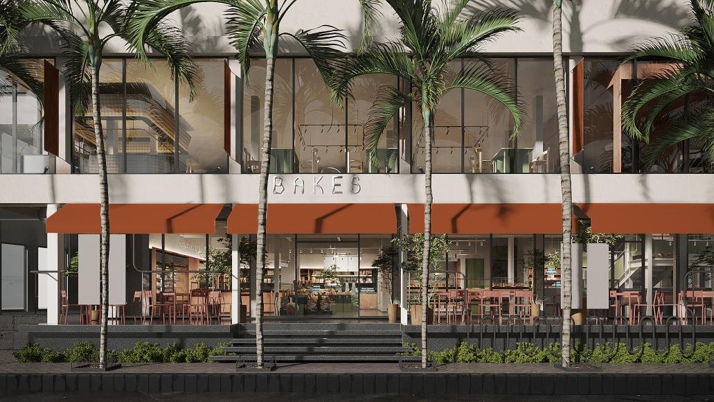 The image depicts the exterior of a modern commercial building in Thao Dien, Saigon, featuring a bakery or café named 'BAKES'. The structure has two f