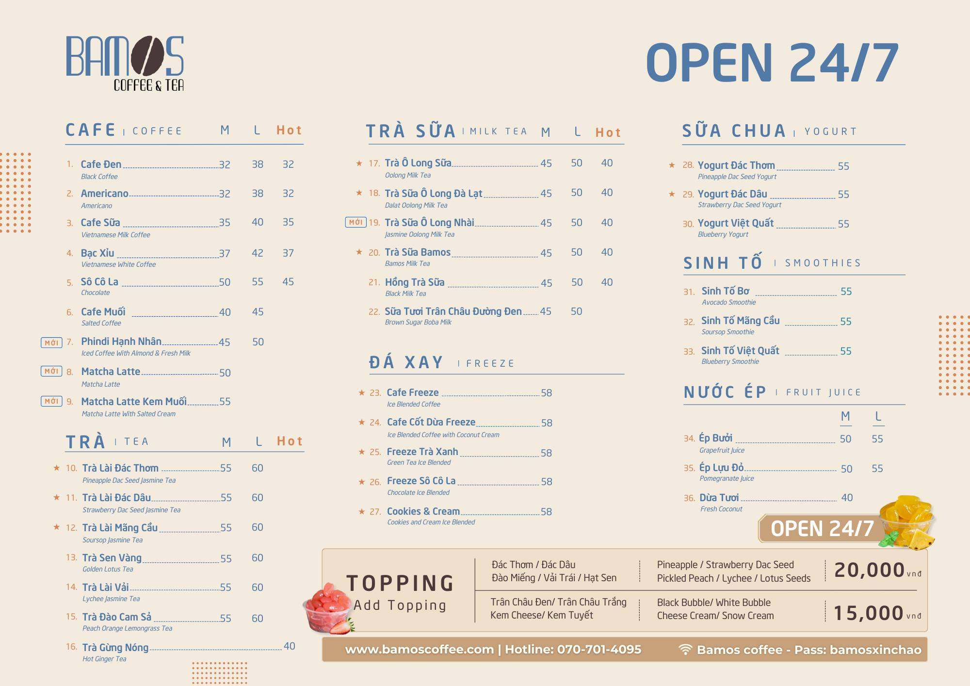 A coffee and tea shop menu from BAMOS COFFEE & TEA in Thao Dien, Saigon, featuring sections for coffee, milk tea, yogurt, smoothies, fruit juice, and