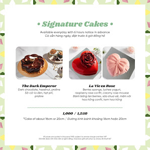 A promotional flyer for a dessert menu featuring three different desserts: The Dark Emperor, La Vie en Rose, and Yee En Rose.
