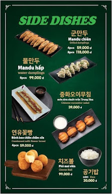 The image is a menu for side dishes at a venue in Thao Dien, Saigon. It features six items, each with a photo, name in both English and Vietnamese, an