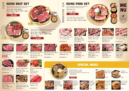 A menu from a restaurant in Thao Dien, Saigon, featuring sections for 'AGING BEEF SET', 'AGING PORK SET', and 'SPECIAL MENU'. Each section displays mu
