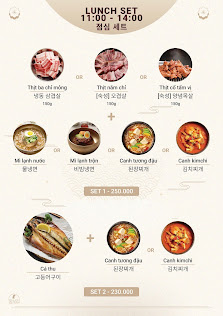 A lunch set menu for a venue in Thao Dien, Saigon, featuring multiple dishes including Thai beef salad, Thai chicken, Thai pork, Thai beef noodle, Tha