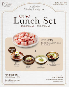 The image is a menu for a 'Lunch Set' from PLANK, a venue in Thao Dien, Saigon. It features a set including sliced ham (400,000 VND), a bowl of rice w