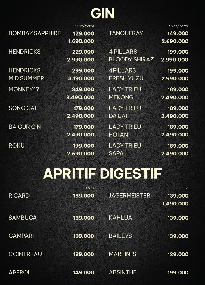 A menu displaying various gin brands and their prices per bottle or by the ounce.