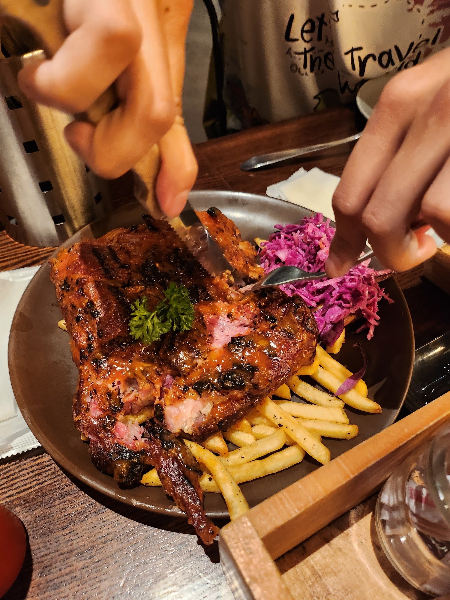 Grilled Steak with Red Cabbage Slaw and Fries