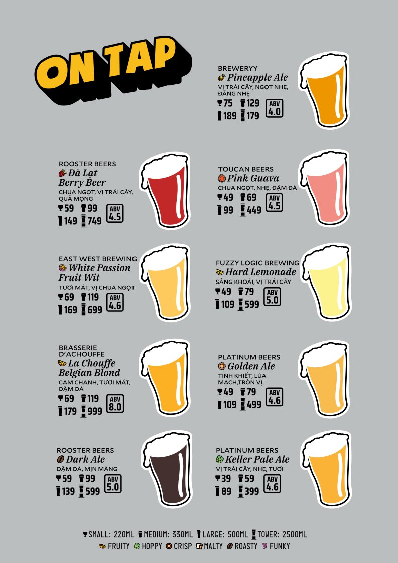 A beer menu titled 'ON TAP' showcasing various draft beers from different breweries. The menu features sections like ROOSTER BEERS, TOUCAN BEERS, EAST