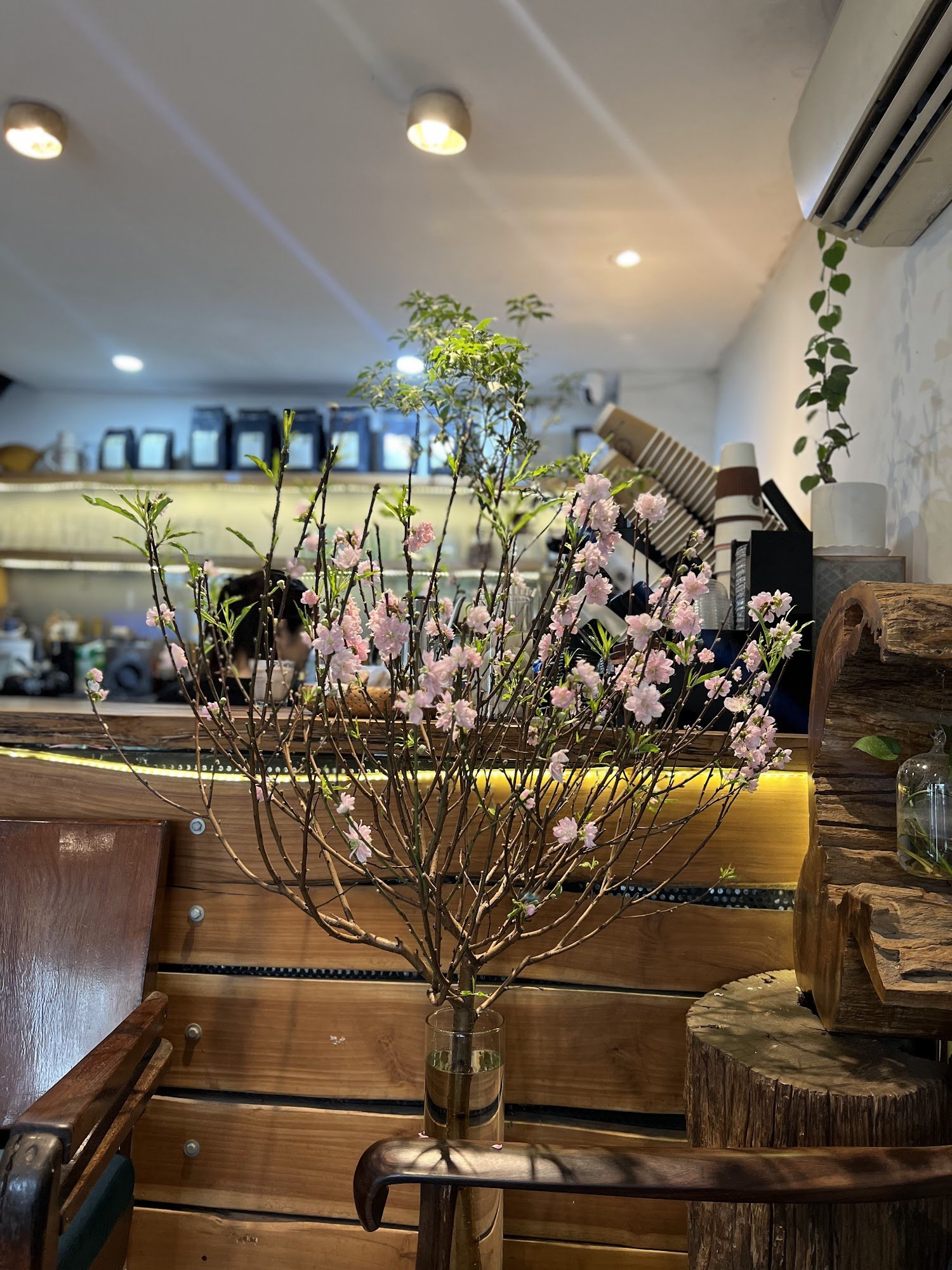 The image shows an interior setting of a cafe or restaurant in Thao Dien, Saigon. A vase with pink cherry blossoms is placed on a wooden table and she