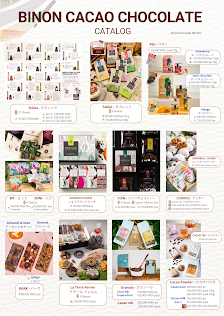 A catalog of Binon Cacao Chocolate products featuring various chocolate bars and related items such as gift boxes, packaging materials, and other conf