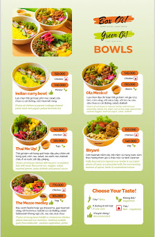 A colorful menu display featuring various bowls of food items such as Indian curry and Mexican dishes with vibrant images on a green background.