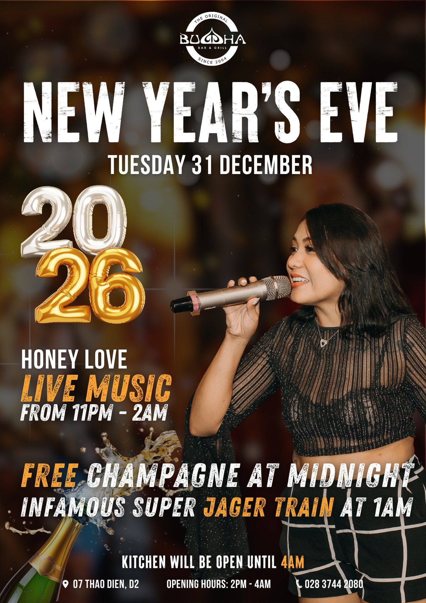 Promotional poster for New Year's Eve event at Buddha Bar & Grill (since 2004) on Tuesday, December 31. Features large '2026' balloons (20 silver, 26