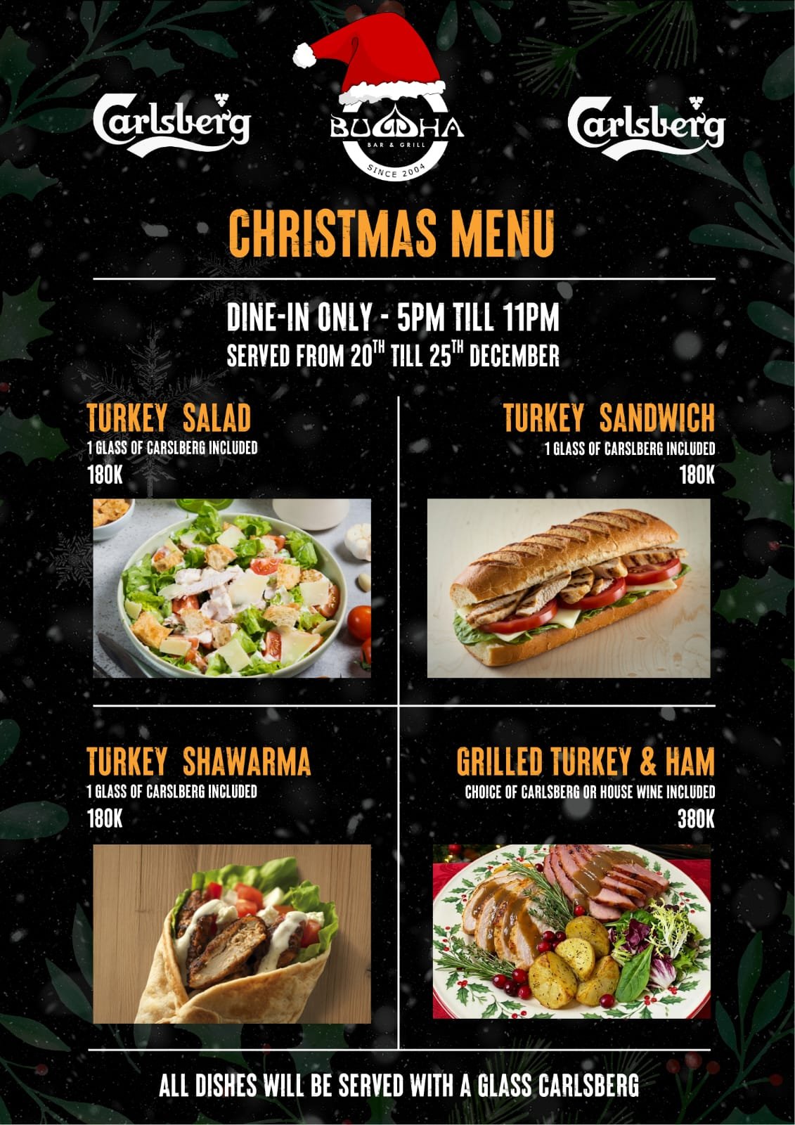 A Christmas menu for Buddha Bar & Grill in Thao Dien, Saigon, featuring four turkey-based dishes (Turkey Salad, Turkey Sandwich, Turkey Shawarma, Gril