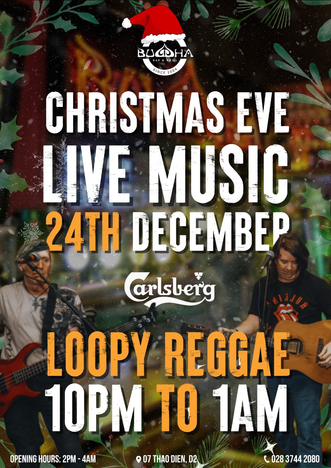 A promotional poster for a Christmas Eve live music event at Buu Ha Bar & Grill (established since 2004). The poster features large text announcing 'C