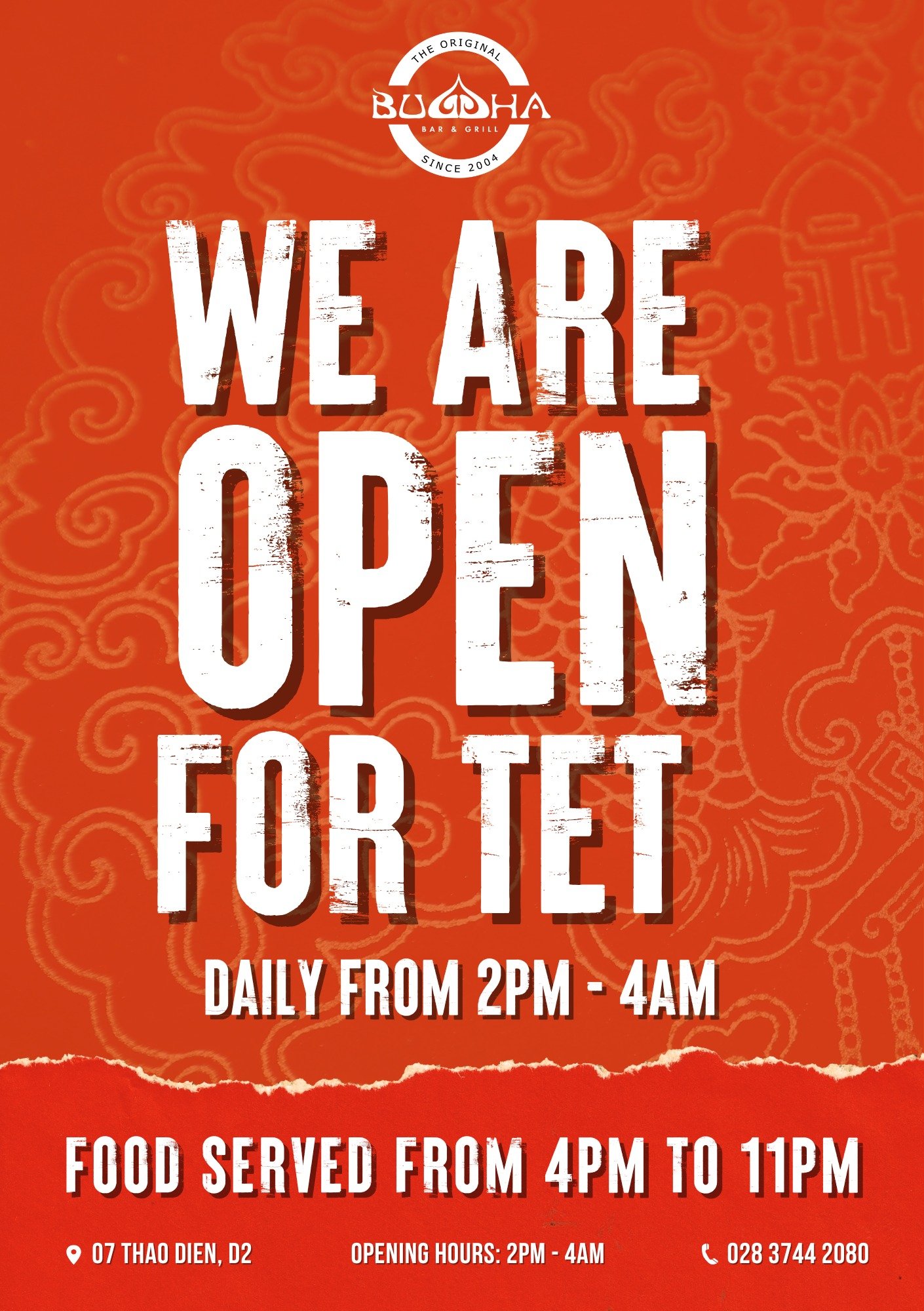 A vibrant red promotional poster for Buddha Bar & Grill (established since 2004) announcing its opening for Tet (Lunar New Year). The poster features