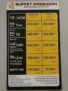 A menu board for Buffet Poseidon in Thao Dien, Saigon, listing various buffet options with prices in Vietnamese Dong (VND). The menu features items su