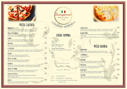 A menu from a restaurant named 'Buongiorno' featuring various types of pizzas with descriptions and prices listed.