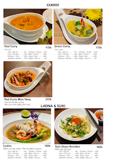 The image displays a menu from Thao Dien, Saigon featuring various dishes such as Curry and Ladna & Suki with their respective prices in Vietnamese Do