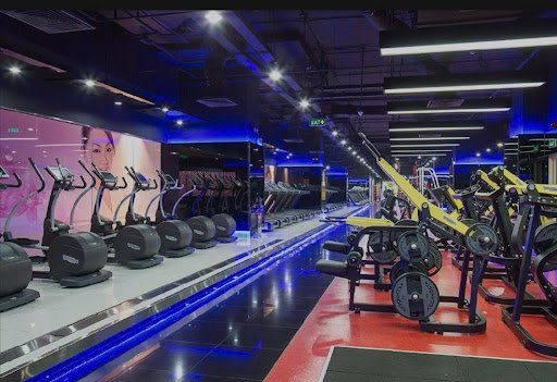 The image depicts a modern gym interior featuring an array of exercise equipment including treadmills and weight machines with blue accent lighting al