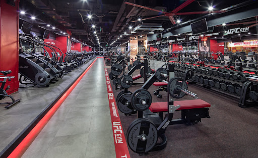 The image shows a modern gym interior featuring an array of weightlifting equipment such as dumbbells and benches with red accents, indicative of the