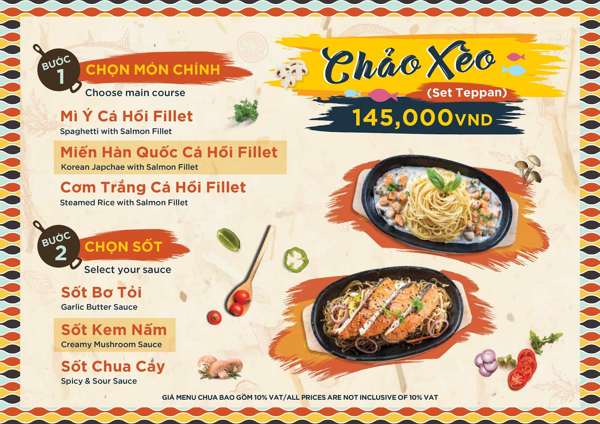 This image displays a menu for 'Chào Xèo', featuring various dishes and sauces available at Thao Dien in Saigon.