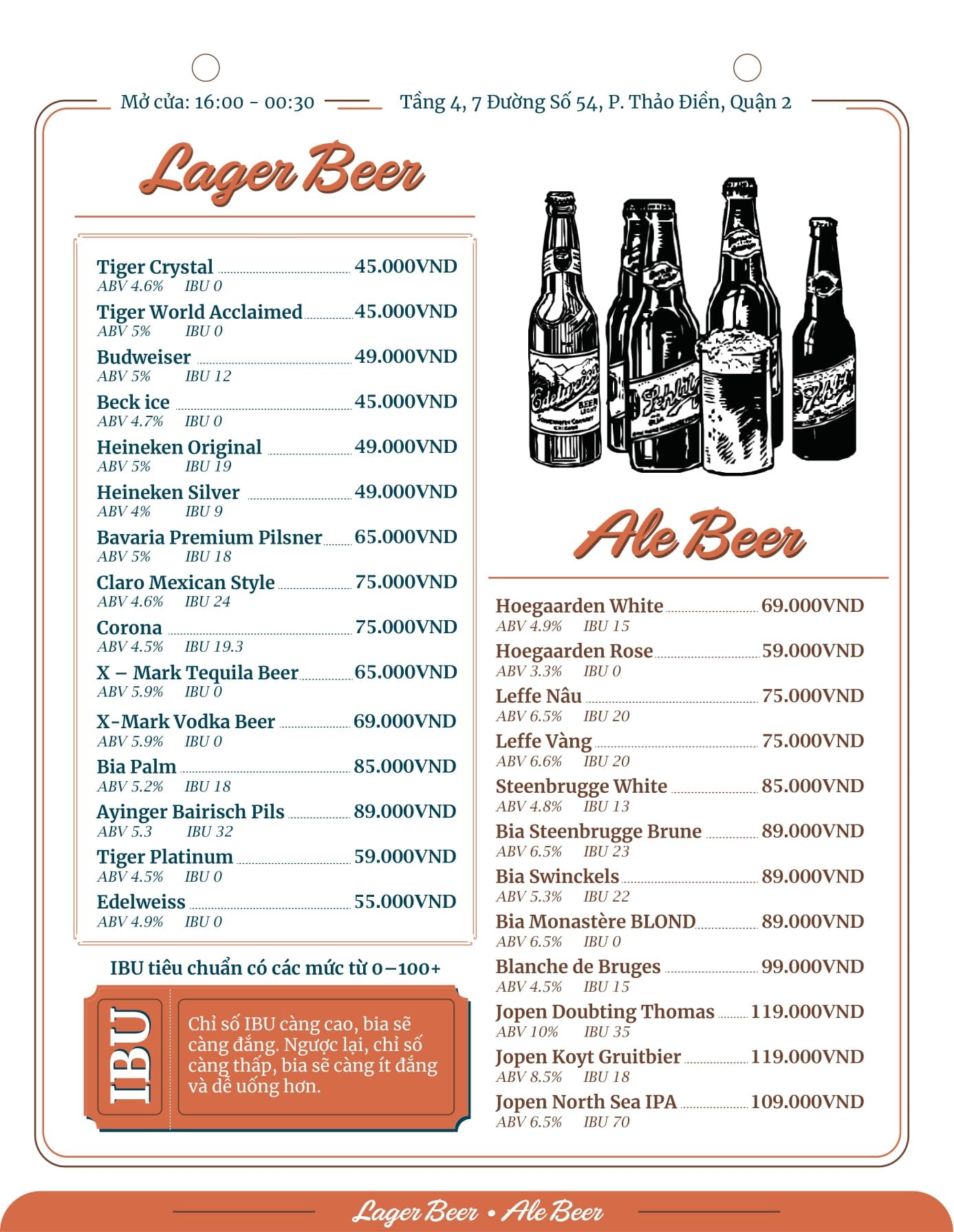 A beer menu for a venue in Thao Dien, Saigon, featuring sections for Lager Beer and Ale Beer. Lists various beer brands with their prices (in VND), AB