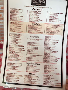 A menu from a restaurant named 'Ciao Bella' featuring various Italian dishes such as Antipasti, Insalate, Le Pasta, Napoletan Pizza, and Secondi.