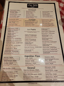 A menu from a restaurant named 'Ciao Bella' featuring various Italian dishes such as antipasti, pasta, pizza, and secondi.