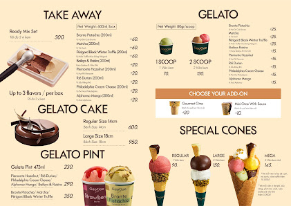 A menu displaying various dessert options including gelato and ice cream cones.