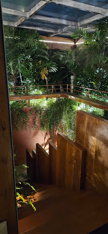 The image depicts the interior of a venue in Thao Dien, Saigon, featuring a multi-level design with wooden stairs, lush greenery including potted plan