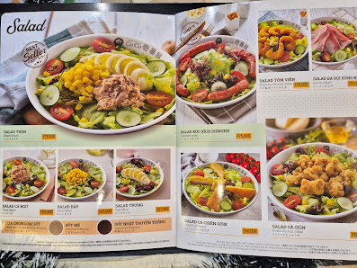 The image displays a two-page menu spread from a venue in Thao Dien, Saigon, featuring multiple salad dishes. The left page shows 'Salad Tour' with op
