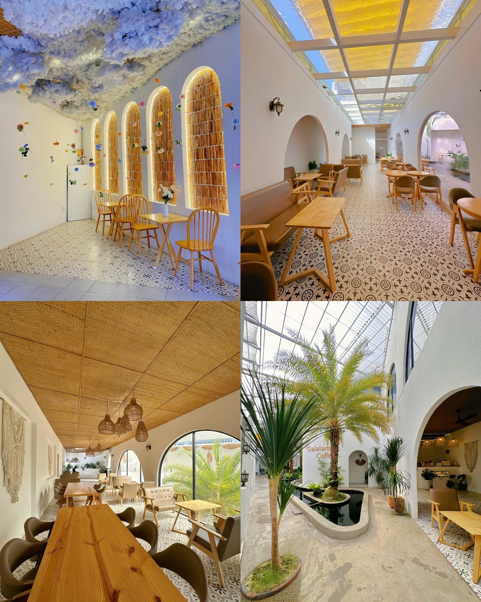 The image is a collage of various interior views from what appears to be a modern café or restaurant with an emphasis on natural materials and design 