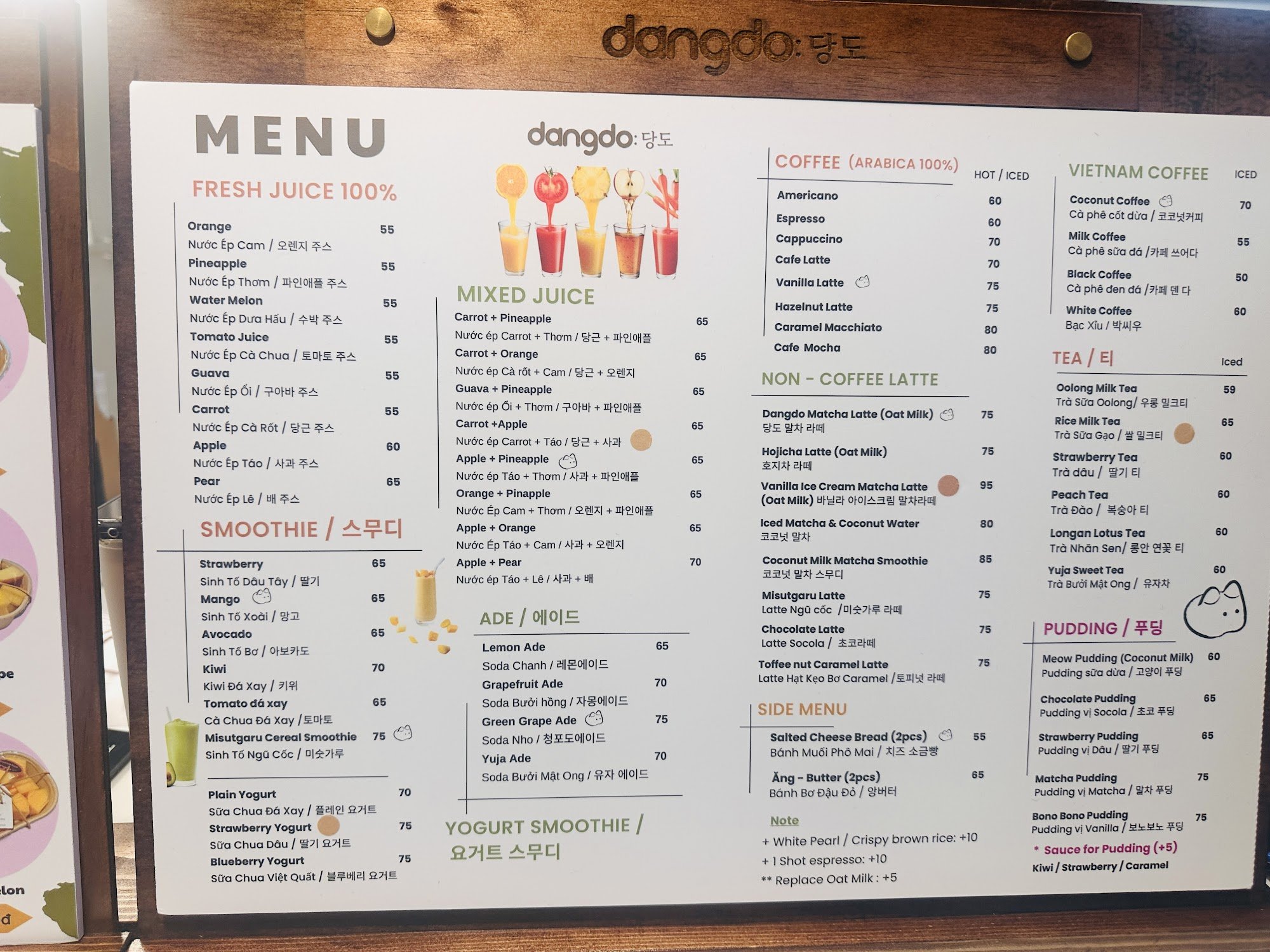 A menu board from a café named 'dangdo:다운도시' located in Thao Dien, Saigon. The menu includes various drink options such as fresh juices and smoothies,