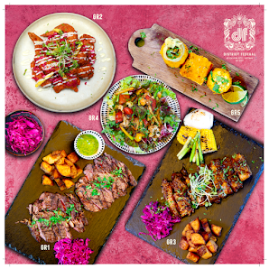 The image displays a restaurant menu from Kafé in Thao Dien, Saigon, featuring multiple dishes. Items include grilled meat with greens (labeled 612), 