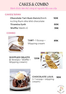 A menu from a venue in Thao Dien, Saigon, titled 'CAKES & COMBO'. It features two sections: 'CAKES' with items like Chocolate Tart Rum Baisin (50K), N
